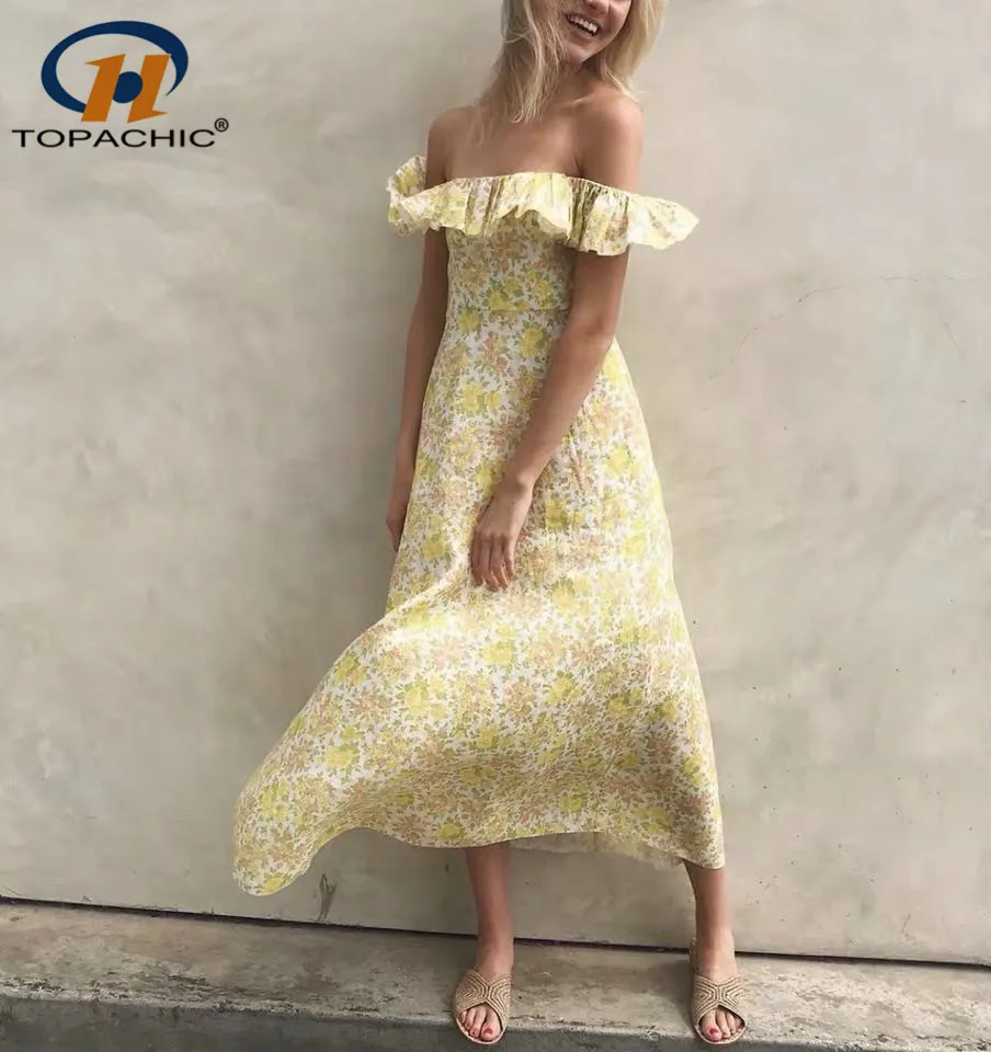 

6.24 Printed linen long dress 2019 Bohemia floral holiday ruffled square collar dress High grade Goldie floral-print voile dress