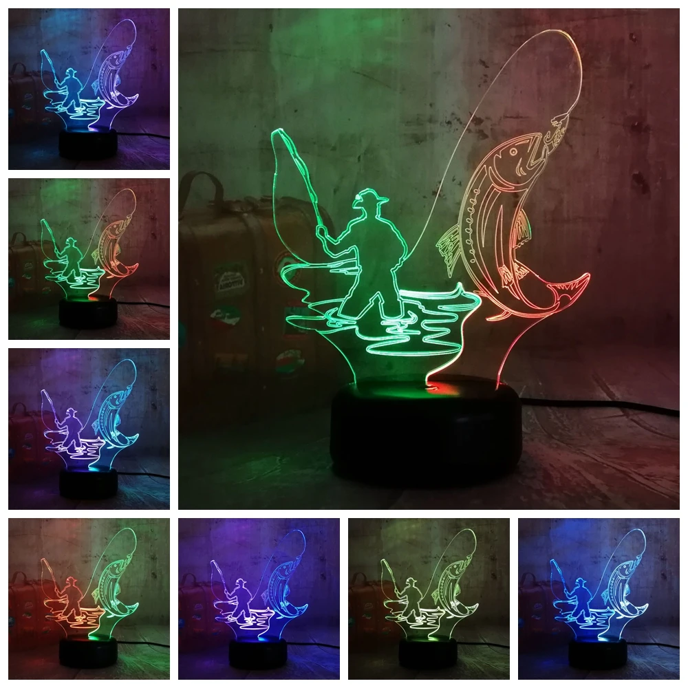 Новый китайский стиль рыболовный человек 3D LED RGB Ночной Lihgt 7 двойной цвет