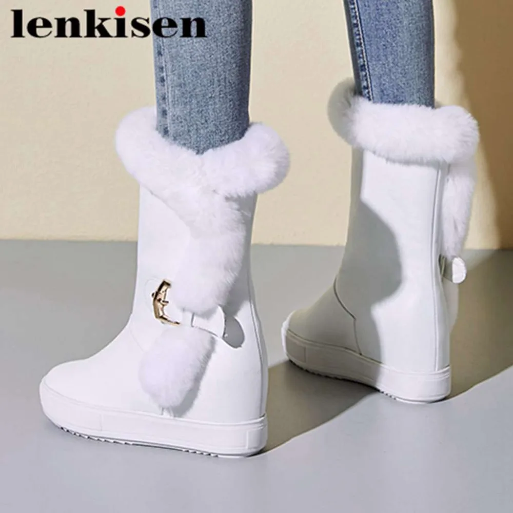 

Lenkisen real rabbit fur high heels round toe platform buckle belt pu handmade keep warm plush british winter snow boots L76