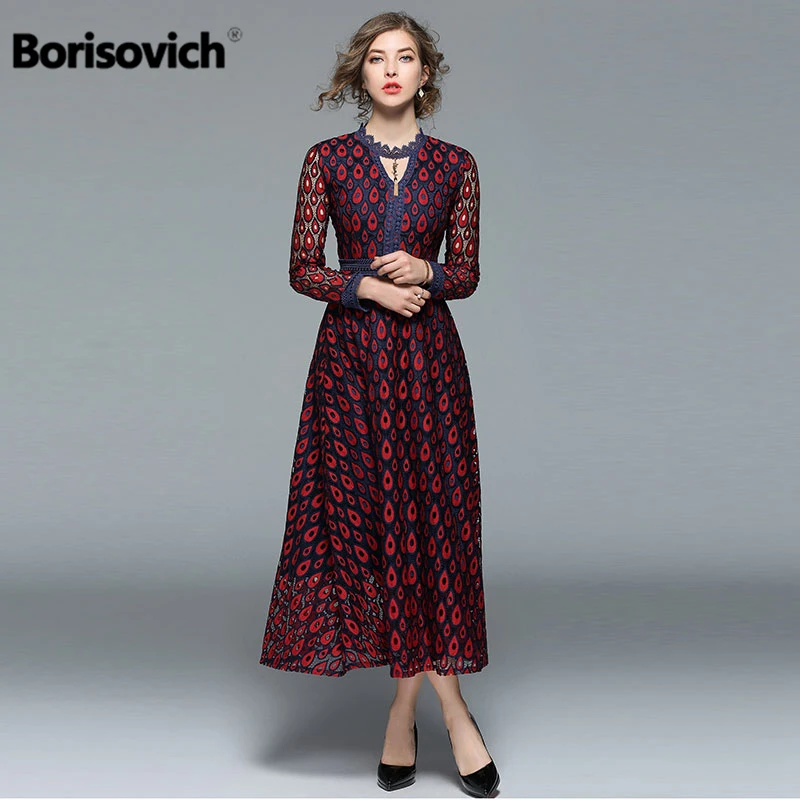 Borisovich New 2018 Spring Fashion England Style O-neck Hollow Out Lace Elegant Slim Women Casual Dresses Hot Sale Vestidos M082
