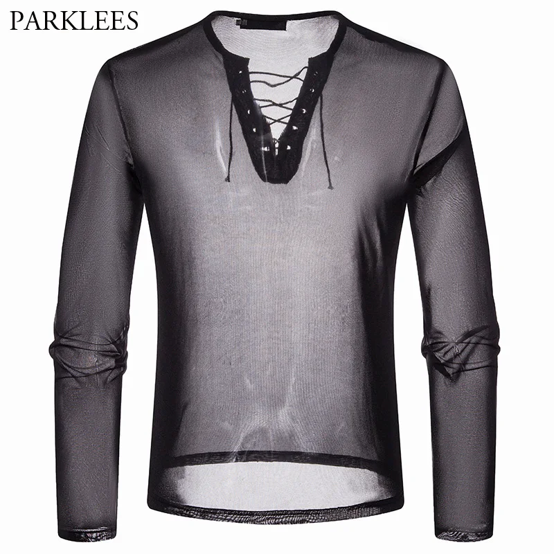 

Fashion Bandage V Neck T Shirt Men 2018 Brand New Sexy See Through T-shirt Men Slim Fit Long Sleeve T Shirts Camiseta Hombre XXL