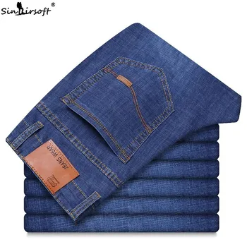 

High Waist Men's Formal Stretch Denim Full Pants Slim Soild Straight Mens Jeans Homme Hombre Men Trousers Belted Male Clothing