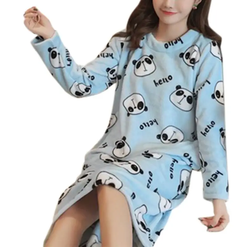 Женская зимняя плотная фланелевая ночная рубашка с длинным рукавом, милая пижама с рисунком медведя из мультфильма, милая свободная одежда для студентов до колен N - Цвет: NO.F
