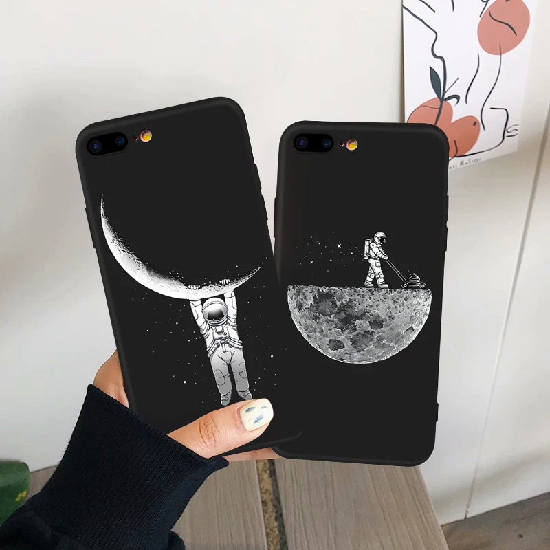 Чехол для телефона с космонавтом iPhone XS MAX XR X 7 8 6 6s Plus Planet Star матовый мягкий черный