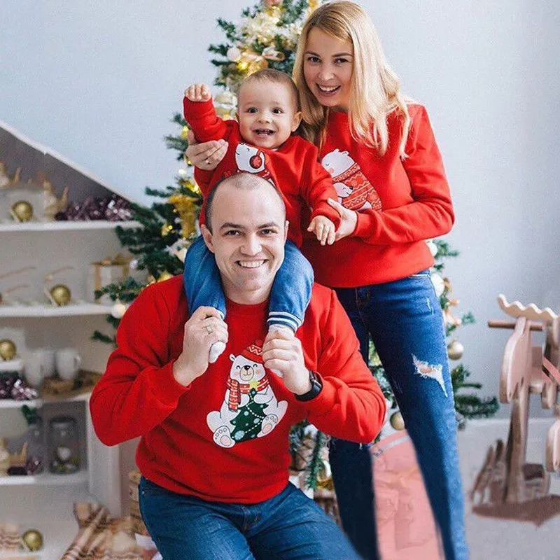 Рождественские одинаковые комплекты для семьи Футболка Толстовка для взрослых и детей с милым рисунком медведя пуловер рождественские топы с длинными рукавами, одежда