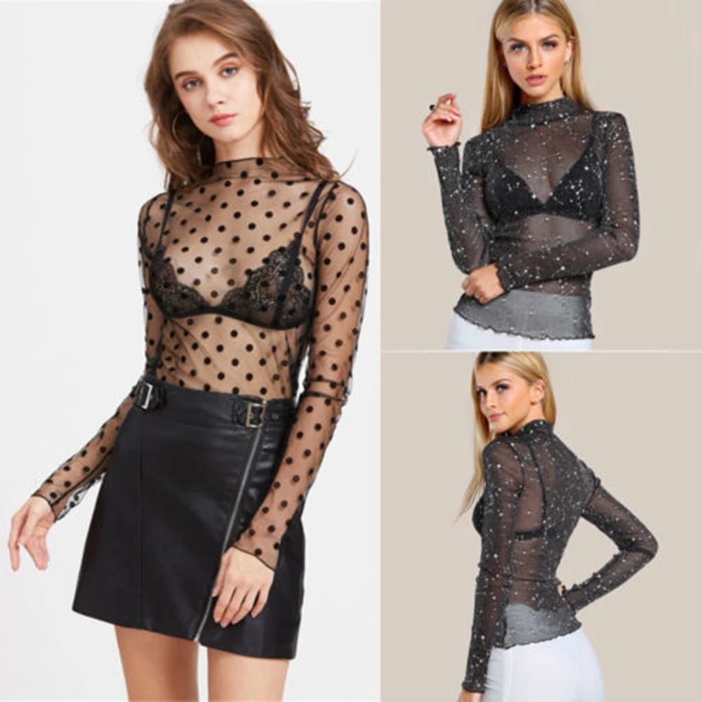 

New Fashion Womens Mesh Sheer Long Sleeve Tops Summer T Shirt Party See-through T-Shirt