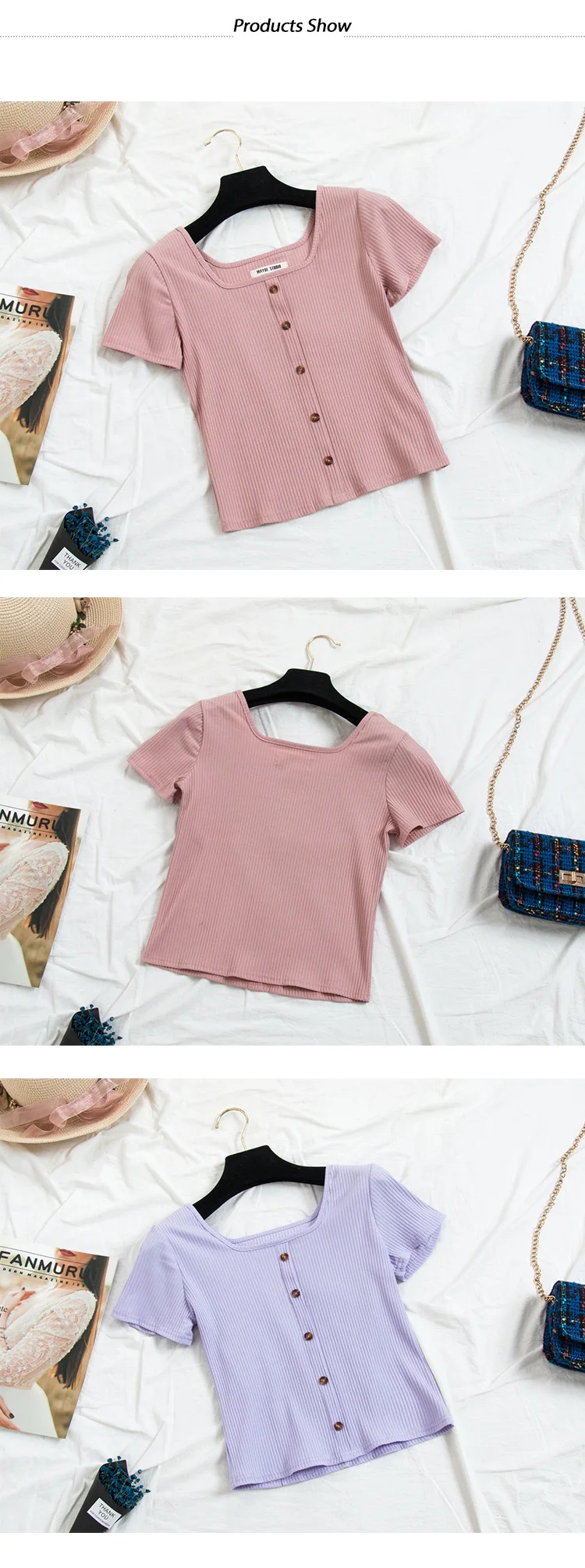 HELIAR Women T-shirts Square Collar Knitting T-shirts With Buttons Cotton LadiesSolid Short Sleeve T-shirts 2020 Summer Women