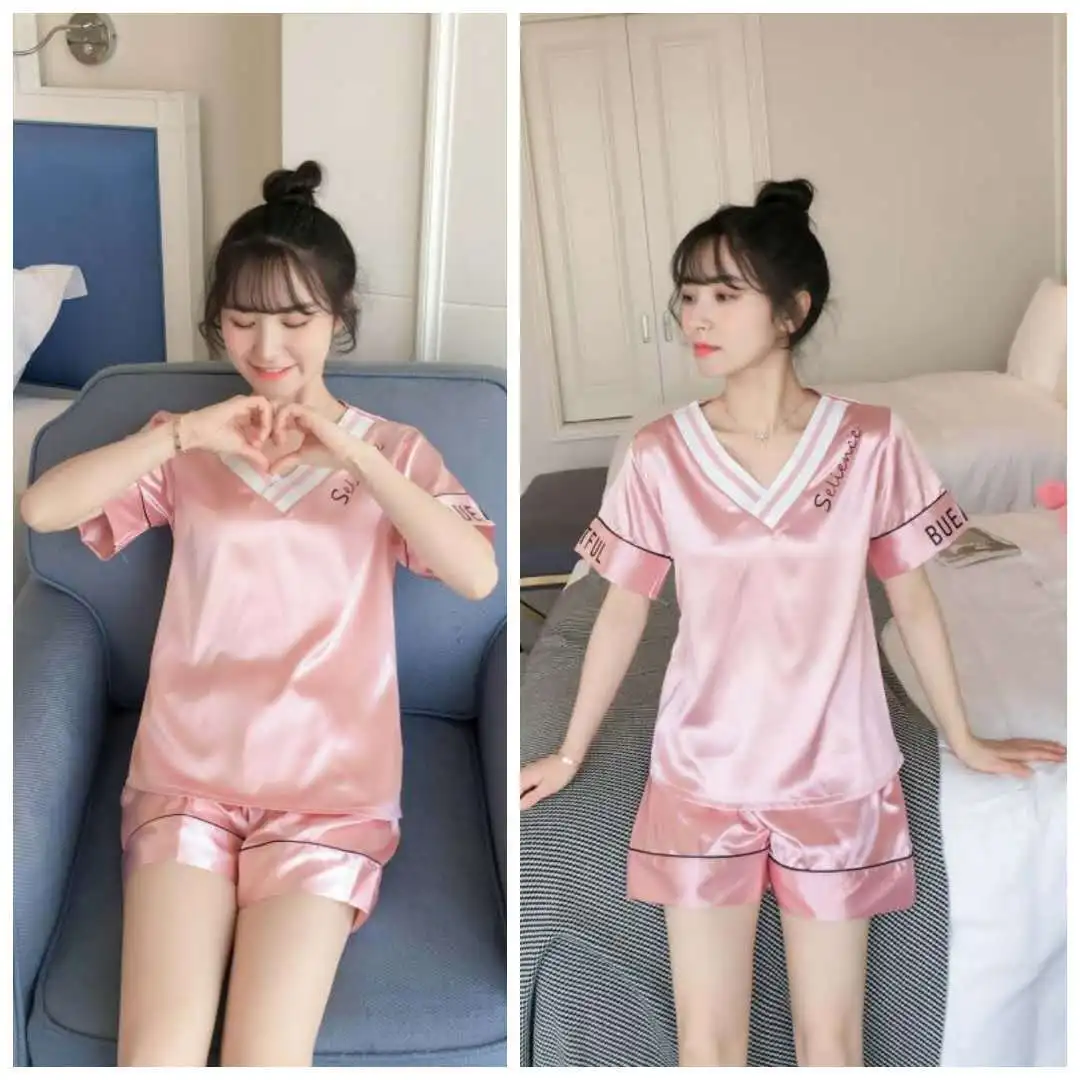 Pajama girls summer ice silk short sleeves two pieces of suit Korean fresh sweet lovely students thin silk home clothes