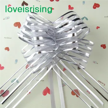 

50pcs/lot, 5cm Large Size Silver Color Organza Pull Bows Wedding Car Decor Pull Flower Ribbons Wedding Bridal Favor Supplies