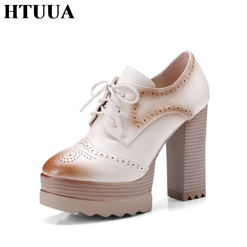 

HTUUA Big Size 33-42 Sexy High Heels Shoes Women Pumps 2019 NEW Non-slip Lace-Up 11CM Thick Heel Brogues Platform Shoes SX782