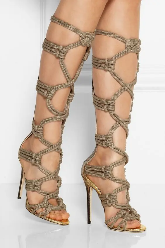 

new fashion sexy rope braided knee high boots summer cut-outs gladiator sandal boots woman high heel boots