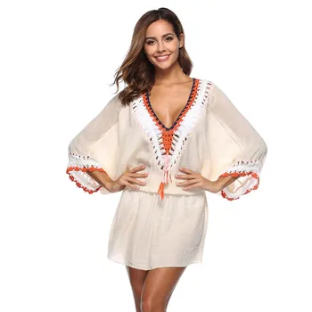

Women Sexy Splicing V-neck bat sleeve irregular beach cover ups Sunscreen Knit collar loose bikini covers 5 colors