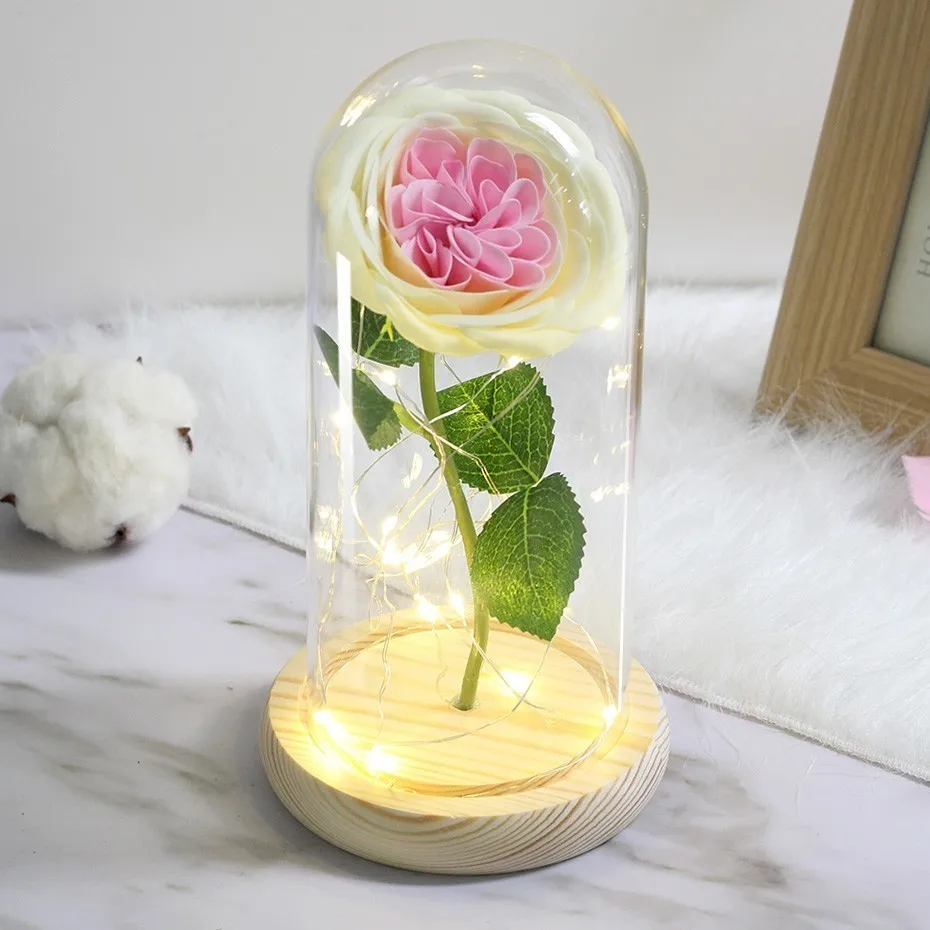 LED Soap Flower Rose Flower In Glass Dome Christmas Gifts Artificial Flower Valentine's Day Wedding Party Home Decor Fake Flower - Цвет: Pink