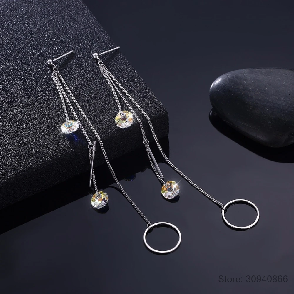 LEKANI подлинный кристалл от Swarovski кисточка на длинной цепочке висячие серьги S925 стерлингового серебра ювелирные украшения для женщин вечерние