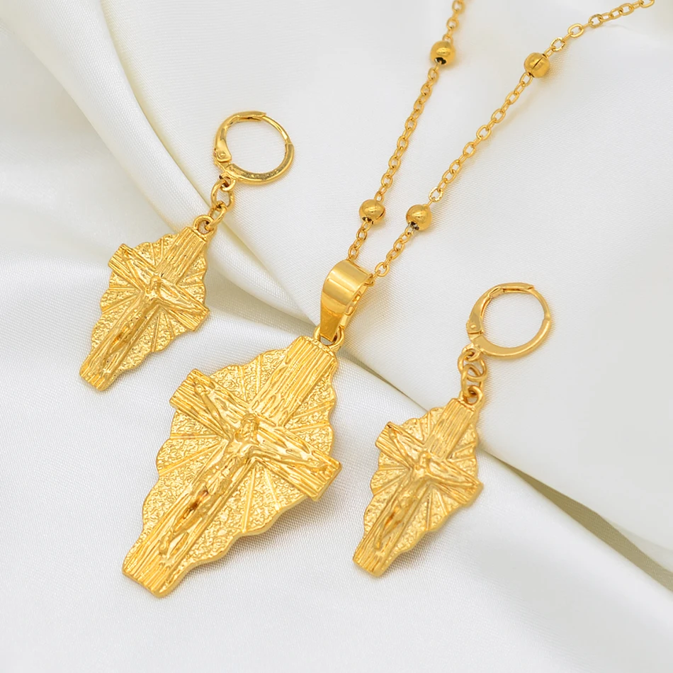 Anniyo Hawaii Jesus комплект ювелирных изделий крест кулон ожерелья серьги для женщин девочек золотой цвет Гуам Микронезия Chuuk Pohnpei#212306