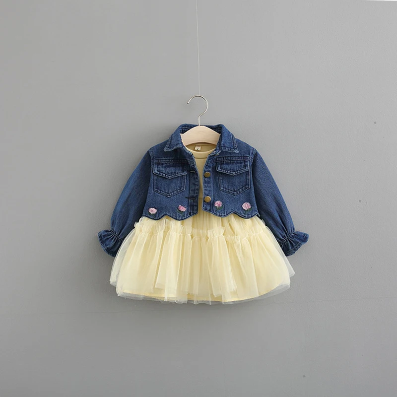 Girls Jeans Coat+Long Sleeve Tutu Dress 