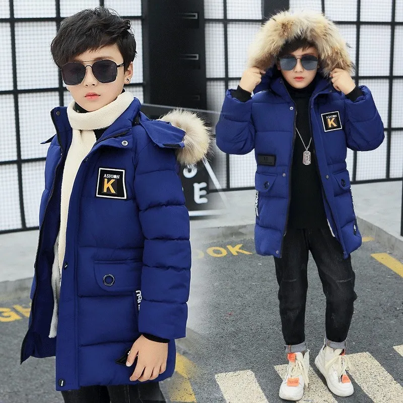 Детская зимняя куртка для мальчиков-подростков, коллекция года, новое длинное пальто с меховым капюшоном, парка утепленное хлопковое пальто для русской зимы, одежда для детей, до-30 - Цвет: Blue K Style