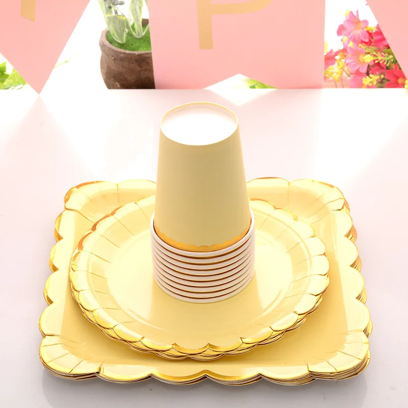 10 шт Красочные золотым ободком одноразовые наборы тарелок чашка тарелка столовая посуда для тематического украшения на свадьбу на день рождения вечерние поставки - Цвет: yellow