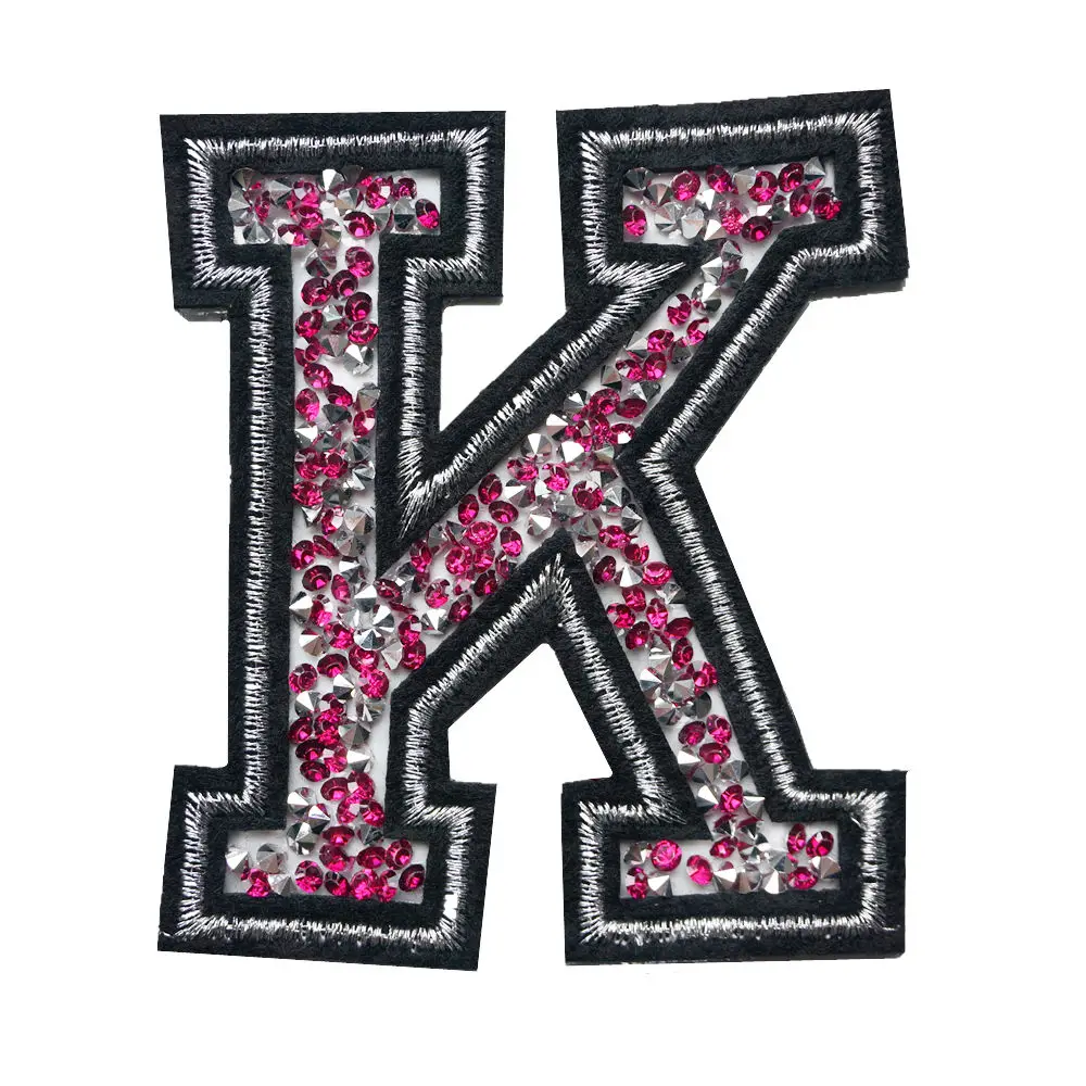 K Alphabet Letters Red Silver Rhinestone Sew Iron On Patches Embroidery