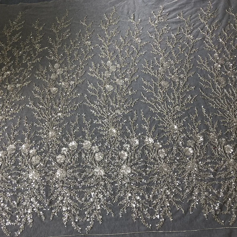 

Expensive luxurious beading lace wedding lace fabric beaded lace! 1 Yard Silvery embroidery thread+Silvery sequins+beads tulle