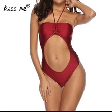 Сексуальный цельный купальник женский красный купальник с лямкой на шее купальник с узорами открытая спина пляжная одежда купальный костюм сексуальный Монокини галстук-ленточка