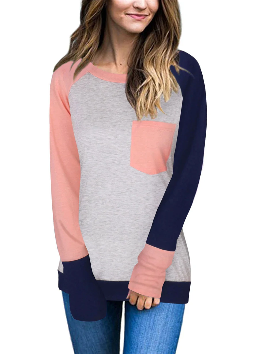 Gladiolus Hot Fashion Patchwork T Shirt Women 2018 Long Sleeve O-Neck Pocket Style Women Tops T-shirt Autumn Ladies Tee Shirts  (13)