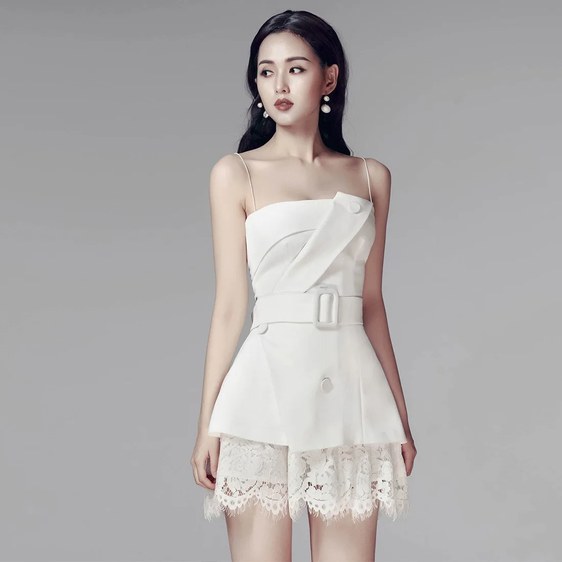 

2019 Spring and Summer New Sexy Women's Wear Sling Open Shoulder Waist Skinny Top Lace Suit Woman 2piece Set Women