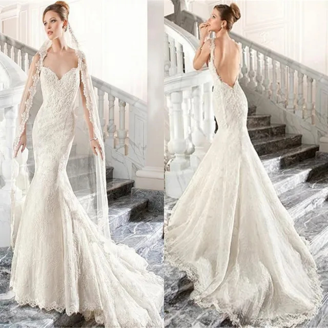 2015 Ivory Lace Applique Beads Backless Mermaid Wedding