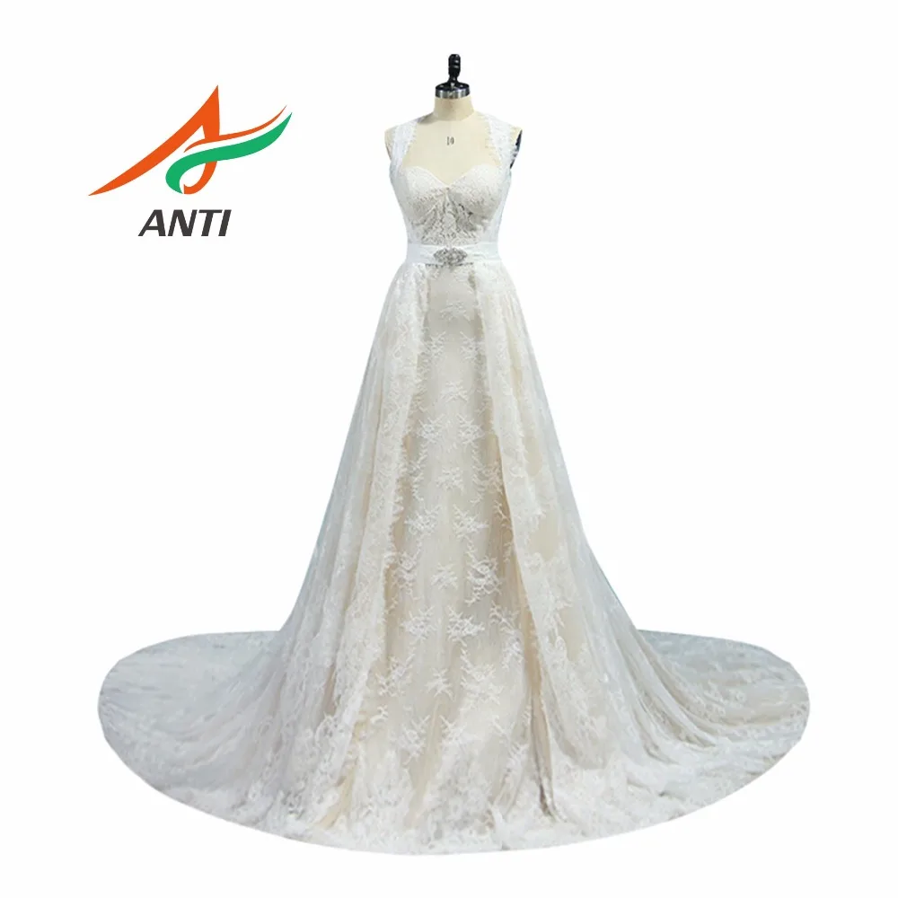 ANTI 2019 Robe De Mariage Romantische Kant Mouwloze Afneembare rokken Trein A-lijn Trouwjurk Custom Made Vestido De Noiva
