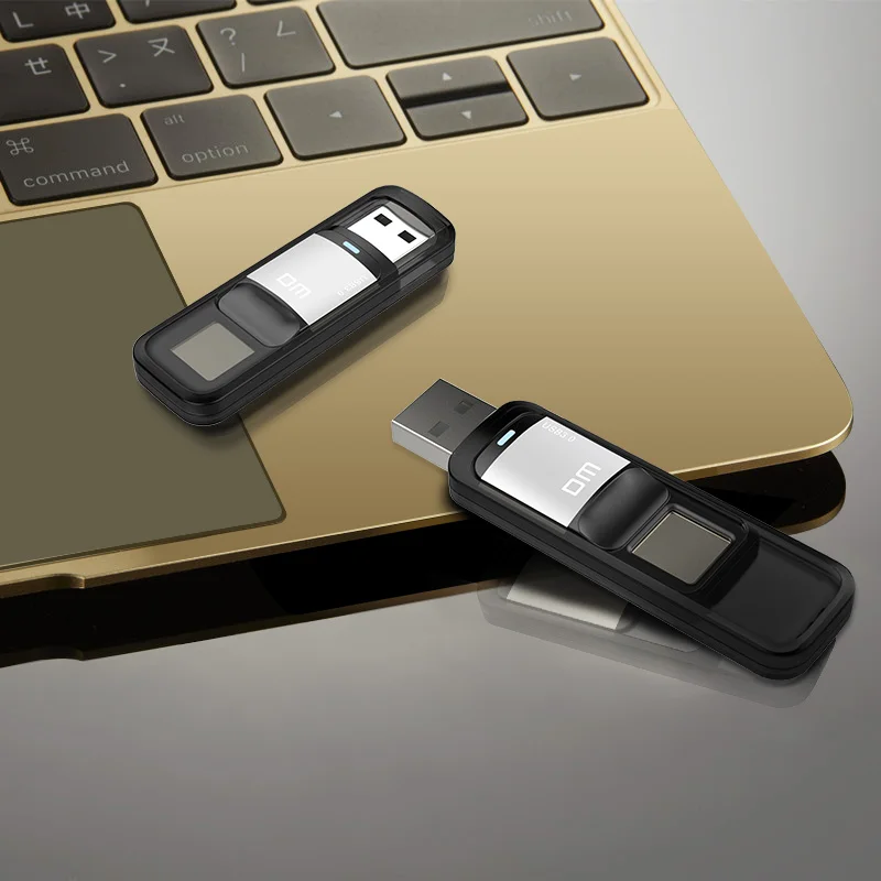 Kopen Dm PD061 USB3.0 32 64 128 Gb U Disk Storage Device Usb Flash Drive Pen Drive Met Vingerafdruk encryptie Functie Golden Sliver