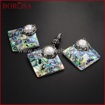 

BOROSA 3PCS Rhombus Shape Natural Abalone Shell with Round Natural Pearl Bead Pave Zircon Pendant Fashion Jewelry JAB529