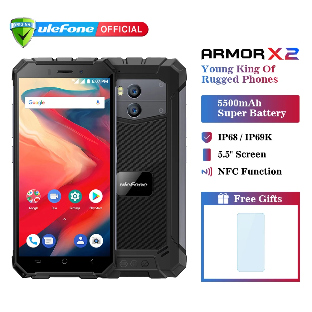 

Ulefone Armor X2 IP68 Waterproof Mobile Phone Android 8.1 5.5" HD Quad Core 2GB+16GB NFC Face ID 5500mAh Smartphone