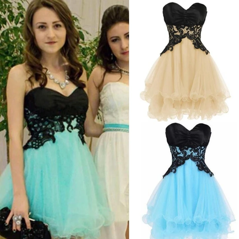 Cute Short Petite Homecoming font b Dresses b font Sweetheart Empire Appliques Satin Tulle Mini Length