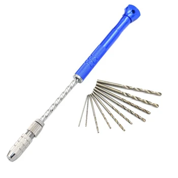 

MYLB-Spiral Hand Drill Semi Automatic Pin Vise keyless Chuck Jewelry Walnut Manual Drilling Hole Carving 10pc Twist Drill Bits