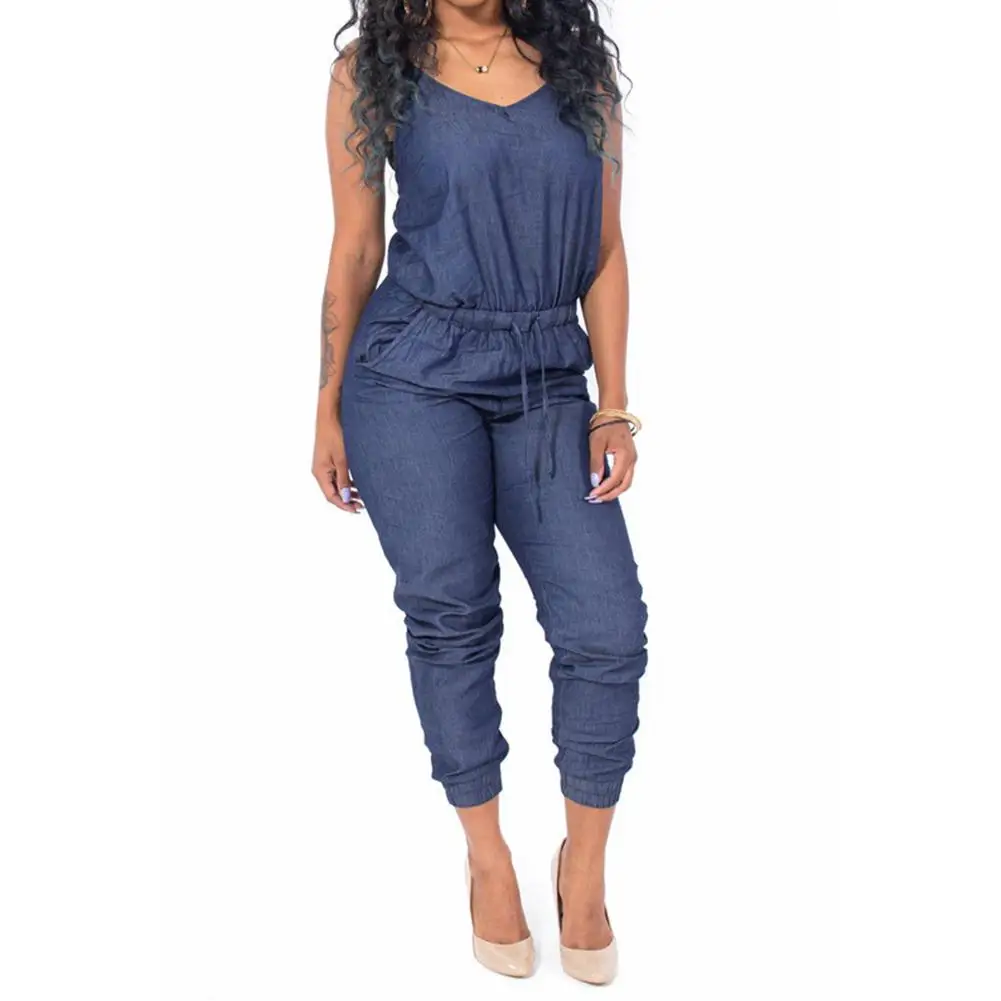 

2019 New Yfashion Women Stylish Solid Color Cotton Jeans Sexy Jumpsuits