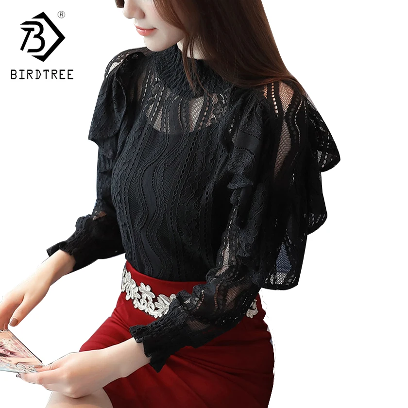 

Elegance Lantern Sleeves Turtleneck Hollow Out Lace Women Sexy Blouses Spring Fall Women Clothing Slim Female Black Tops T7N351A