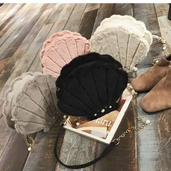 

Lovely Seashells Shape Mini Crossbody Bag For Women Lady Girl PU Leather Plush Bag Chain Lolita Small Messenger Bags 2018