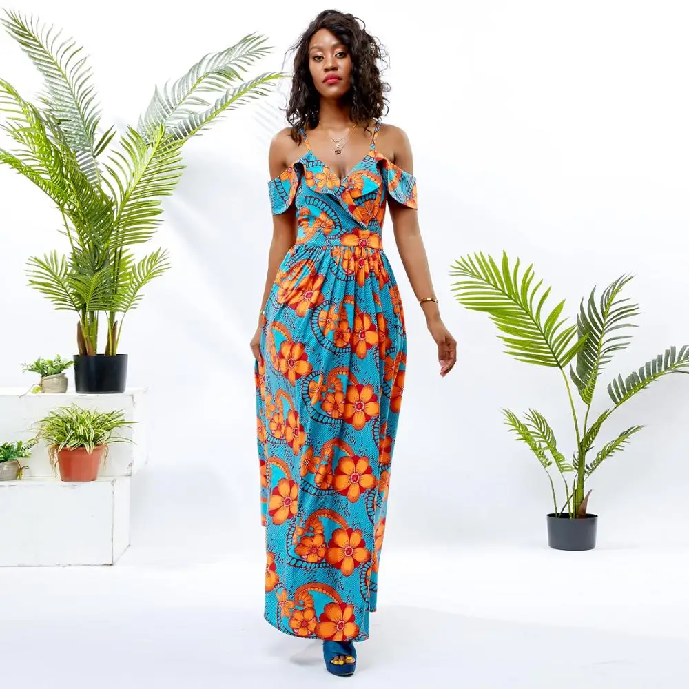 

Shenbolen African dresses for women halter dress cotton wax print african clothes