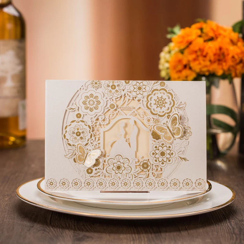 50pcs WhiteGold Bride and Groom Laser Cut Wedding Invitations Card Butterfly Elegant  Wedding Engagement Event & Party Supplies (2)