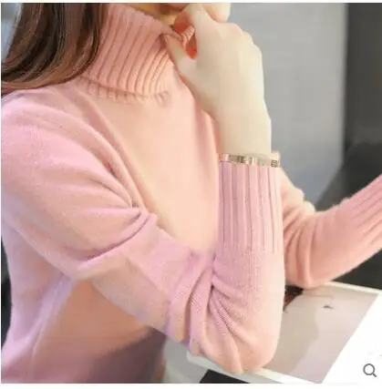 Осень-зима Для женщин с высоким, плотно облегающим шею воротником Теплый свитер вязаный тяга Эластичность Мягкий женский с длинным рукавом свитера Повседневное Топы - Цвет: Pink