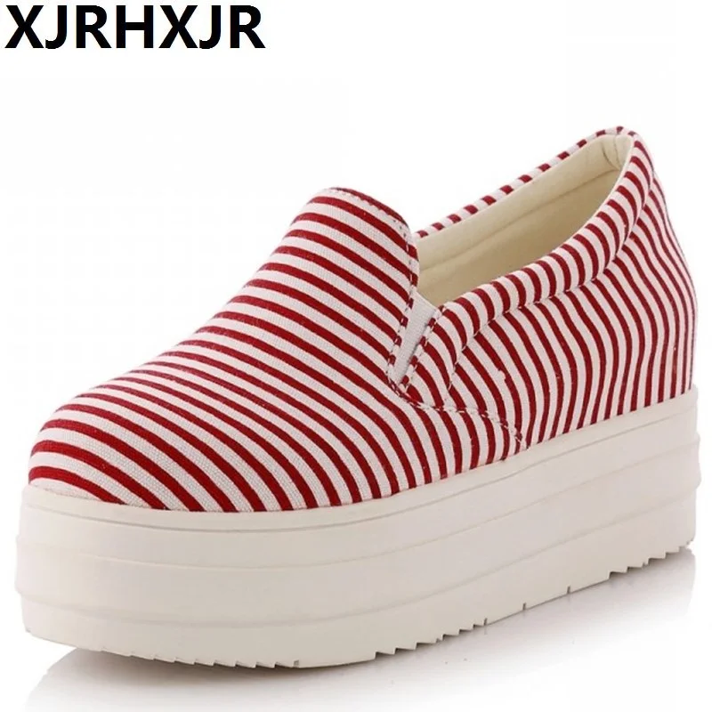 

XJRHXJR Spring Autumn Women Flats Platform Shoes Woman Loafers Slip on Flat Shoes Strip Casual Shoes Canvas Loafer zapatos mujer