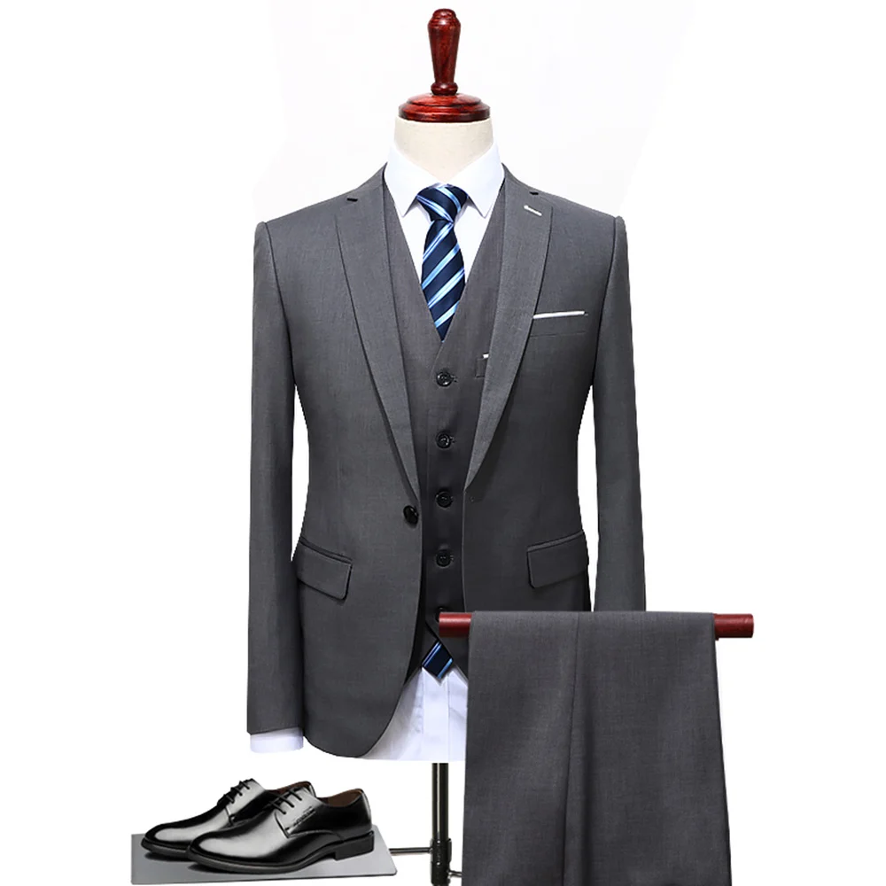 

2018 Grey Black Blue Men Suit Slim Fit 3 Pieces Groom Tuxedo Formal Party Blazer Wedding Groom Suits (Blazer+Pants+Vest) S-5XL