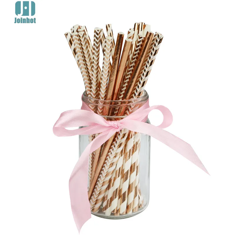 

100pcs/ lot rose gold 4 designs striped and wave Foil Design Paper Straws for Birthday Wedding Party Baby Shower