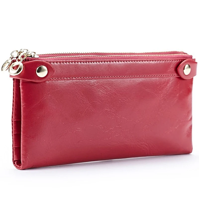 

New Women Wallets Genuine Leather Medium-Long Organizer Wallet Oil Wax Cowhide Hasp Vintage Lady Clutch Carteira Feminina Purse