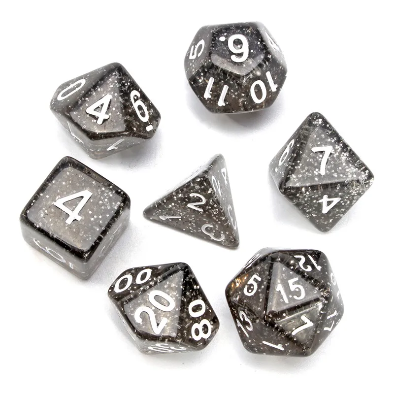 

Newest 7Pcs/Set Nebula Black with Blue Glitter Poly Dice with Pounch Translucent Digital Dices Best Gifts for TRPG Game Lovers