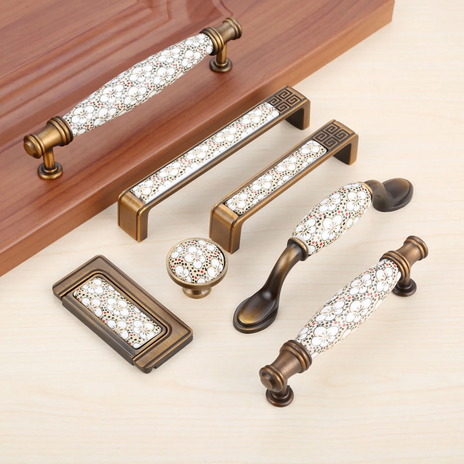 

2.5" 3.78'' 5'' Rustic Kitchen Handles Knobs Antique Bronze Ceramic Flower Door Handles Cabinet Pulls Dresser Knob Hardware