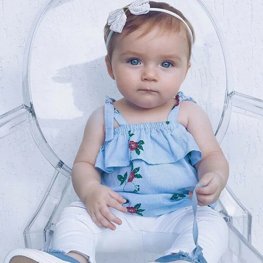  CHAMSGEND Toddler Baby Girls Cotton Blend Sleeveless Ruffles Floral Tops Solid Pants Family Soft ha