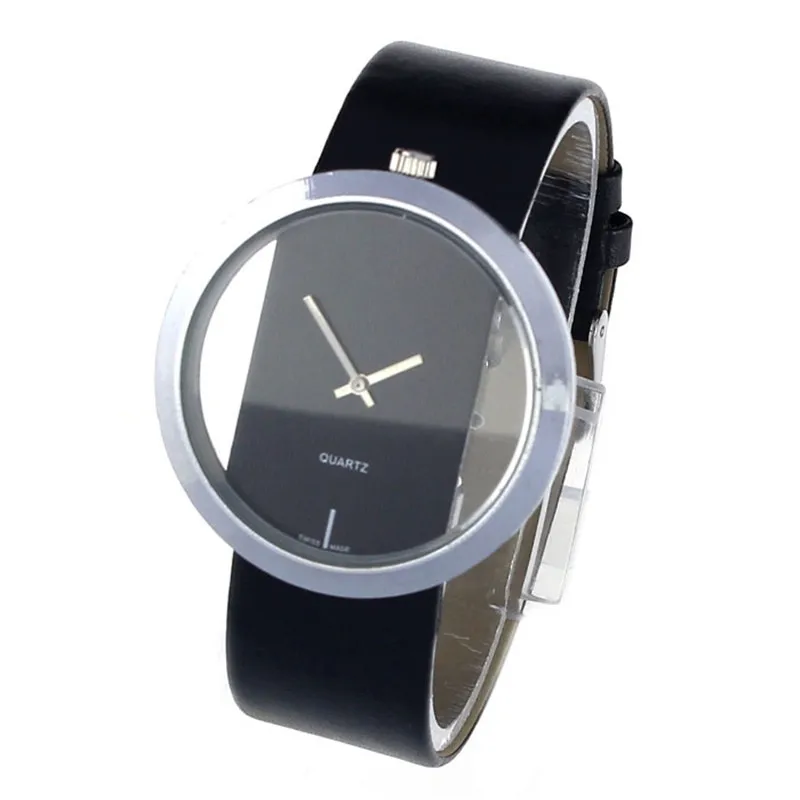 

Black&White&Red Delicate Design Casual New PU Leather Transparent Dial Hollow Analog Saat Quartz Wrist Watches Relogio Feminino