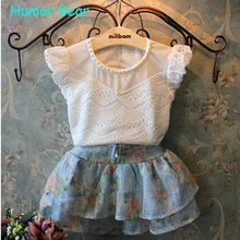 L’humour Ours Summer2016 Nouveaux Enfants Fille de 2 PC Ensembles Jupe Costume bébé Vêtements ensembles fleurs jupe points pantalon filles vêtements