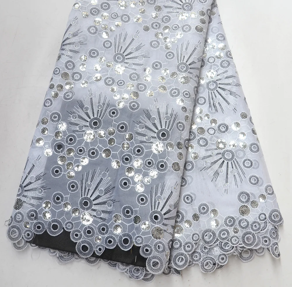 Latest 100% Swiss Design High Quality White silver sequins African wedding fabrics 5 Yards white double French net lace | Дом и сад